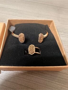 Gold Druzy Cuff Bracelet and Ring Set - Women Jewelry